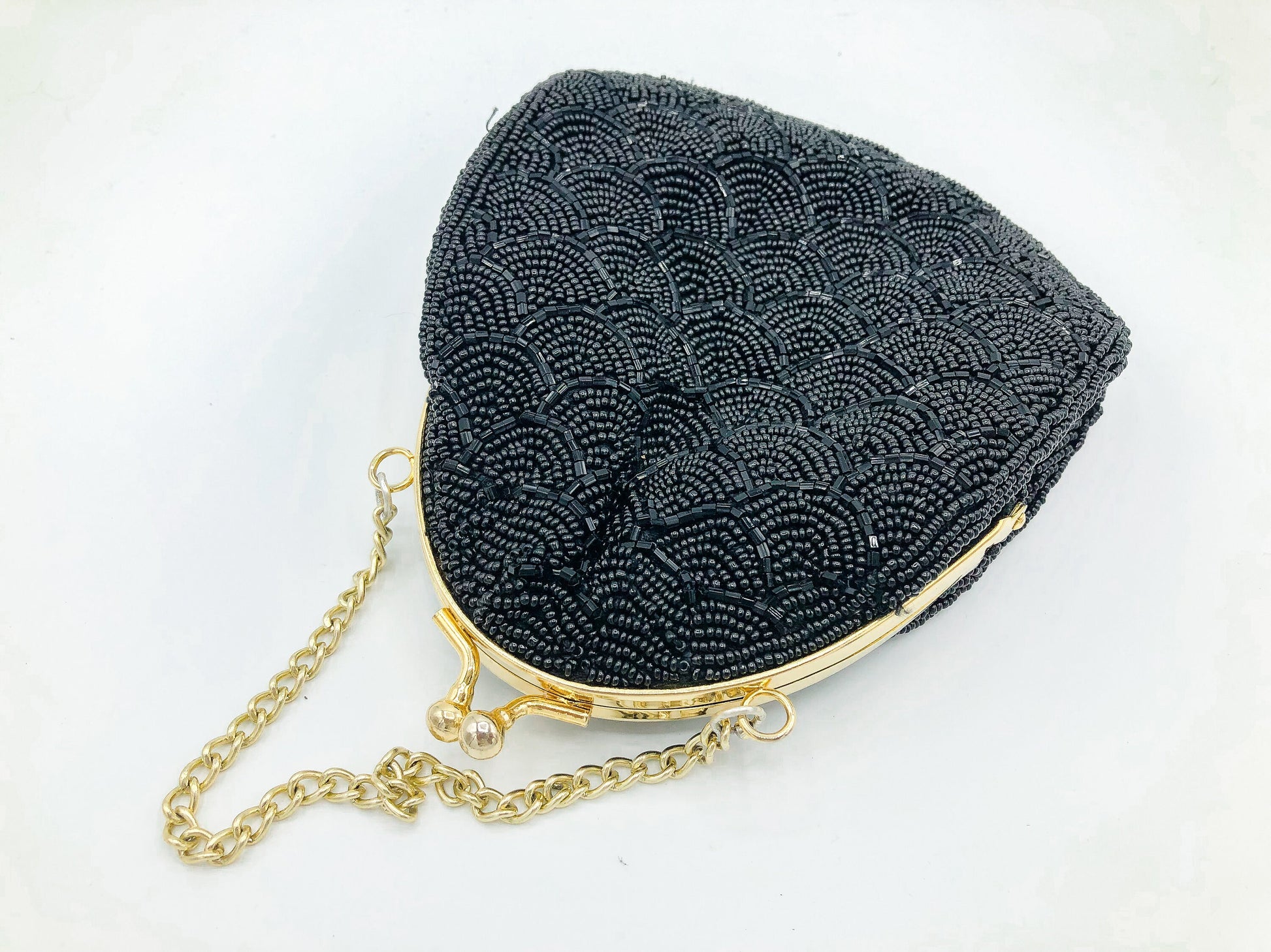 Vintage 60s Black Beaded Handbag, Art Deco Beaded Pouch Purse, Small Vintage Clutch