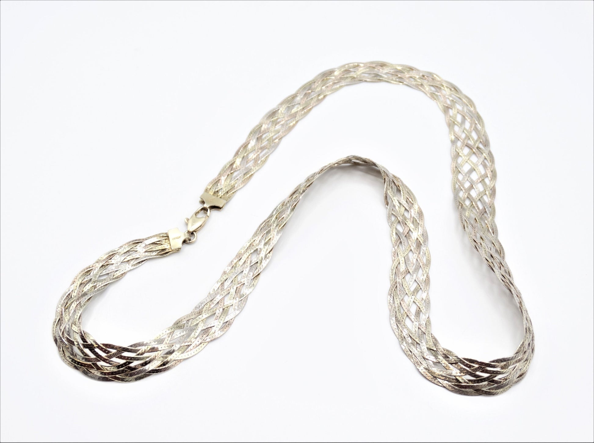 Vintage 925 Silver Braided HERRINGBONE 8 STRAND Necklace, 22in Silver Herringbone Chain Necklace, Vintage 925 Braided Chain, Statement Chain