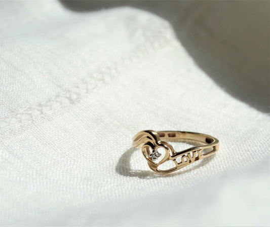 Vintage 10K Gold Heart Diamond Ring, Size 5, Monogram LOVE Ring