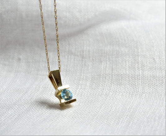 Estate Midmod Blue Topaz 10K Gold Pendant Necklace, Everyday Layer Jewelry