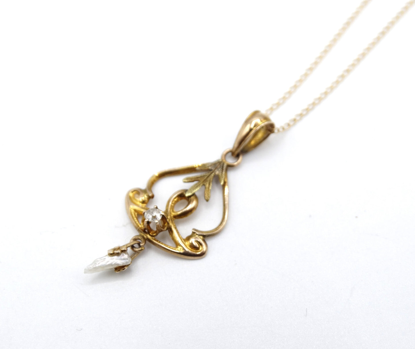 Edwardian Lavalier 10K Gold Diamond Pearl Necklace, Signed Otsby Barton, Vintage Wedding Jewelry