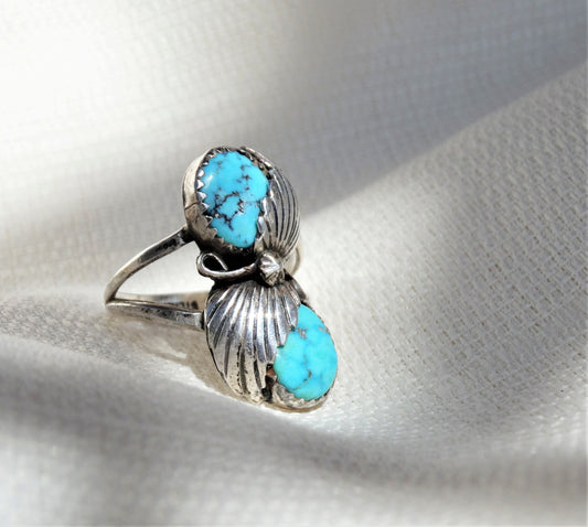 Vintage Navajo Turquoise Sterling Ring, Signed L RAMONE, Authentic Native American Jewelry, Ring Size 8