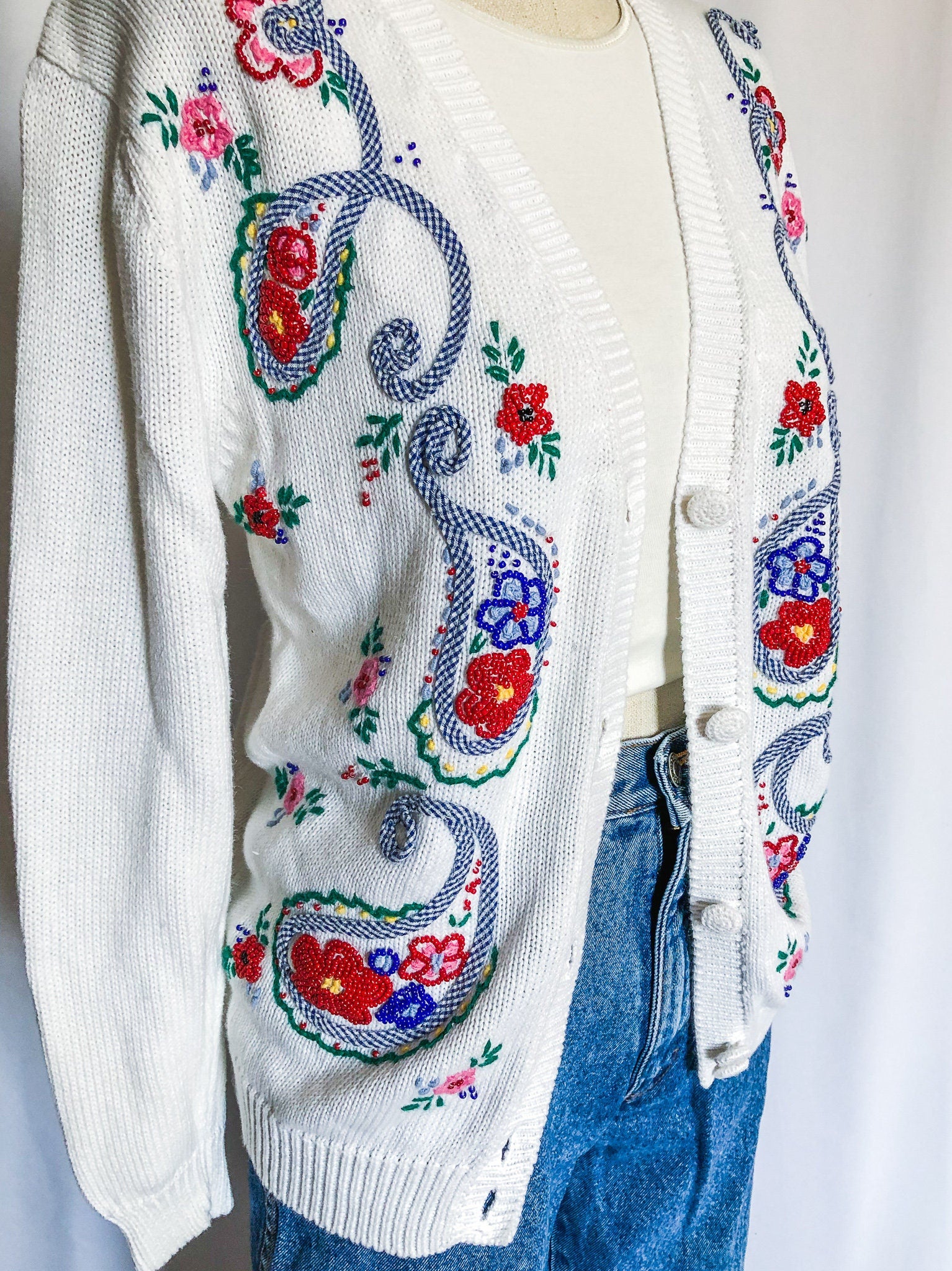 Vintage Susan Bristol White Cardigan, Floral Beaded Sweater, Petite