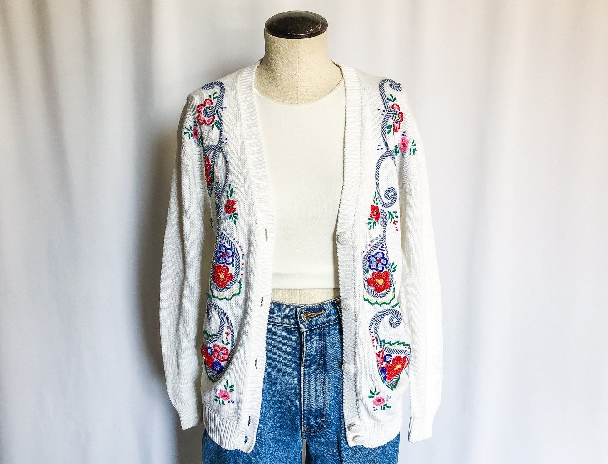 Vintage Susan Bristol White Cardigan, Floral Beaded Sweater, Petite