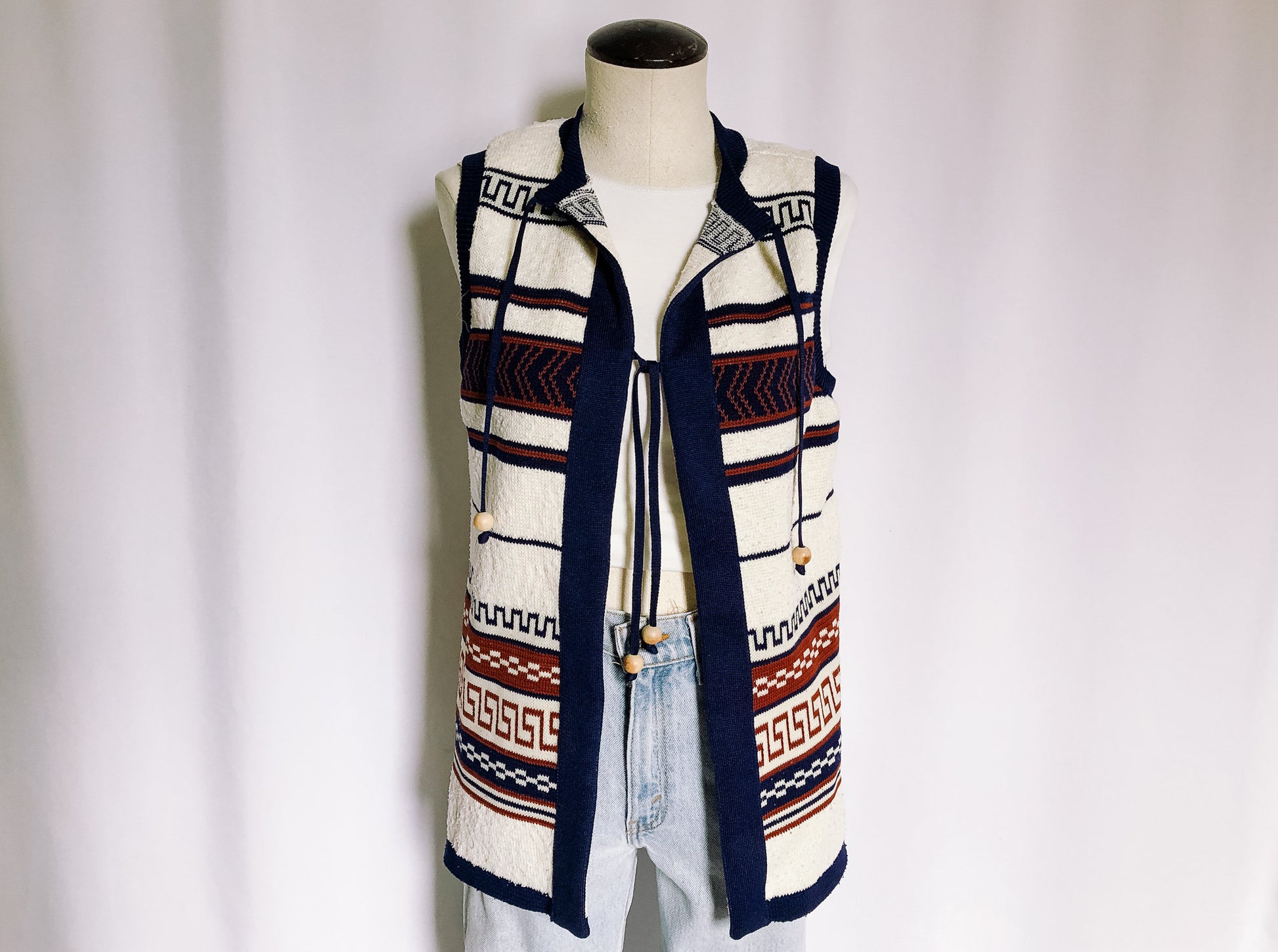 Vintage Bohemian Sweater Vest, Geometric Print Knit Vest, Sz. 10