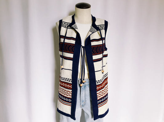 Vintage Bohemian Sweater Vest, Geometric Print Knit Vest, Sz. 10