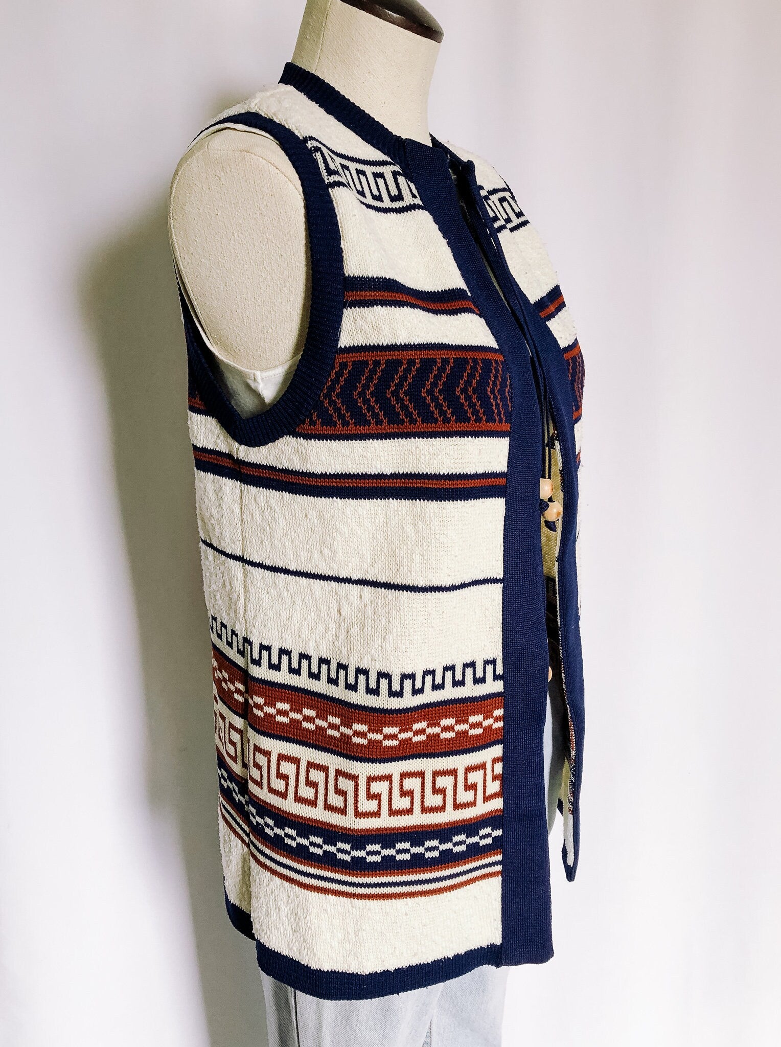 Vintage Bohemian Sweater Vest, Geometric Print Knit Vest, Sz. 10
