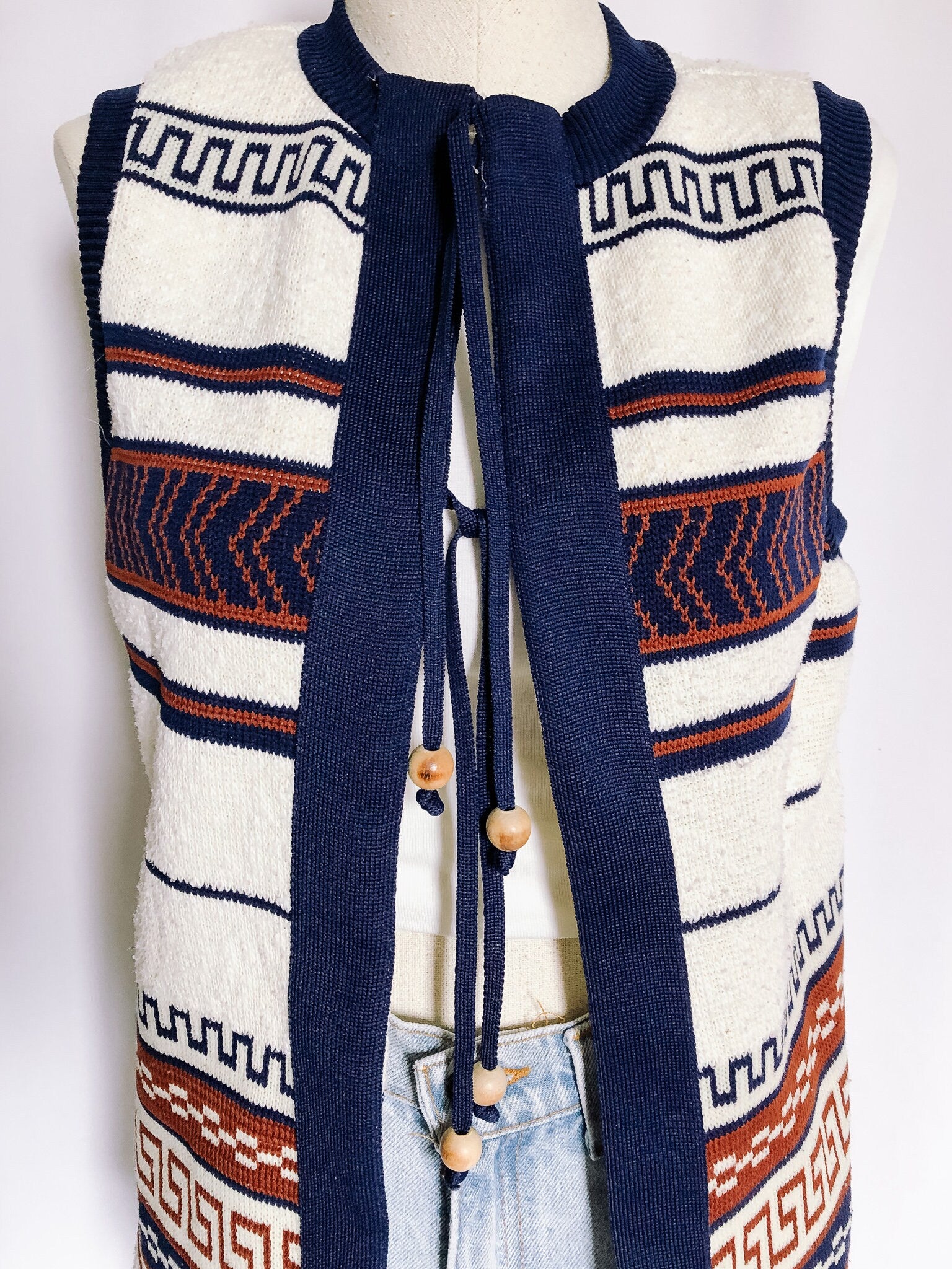 Vintage Bohemian Sweater Vest, Geometric Print Knit Vest, Sz. 10