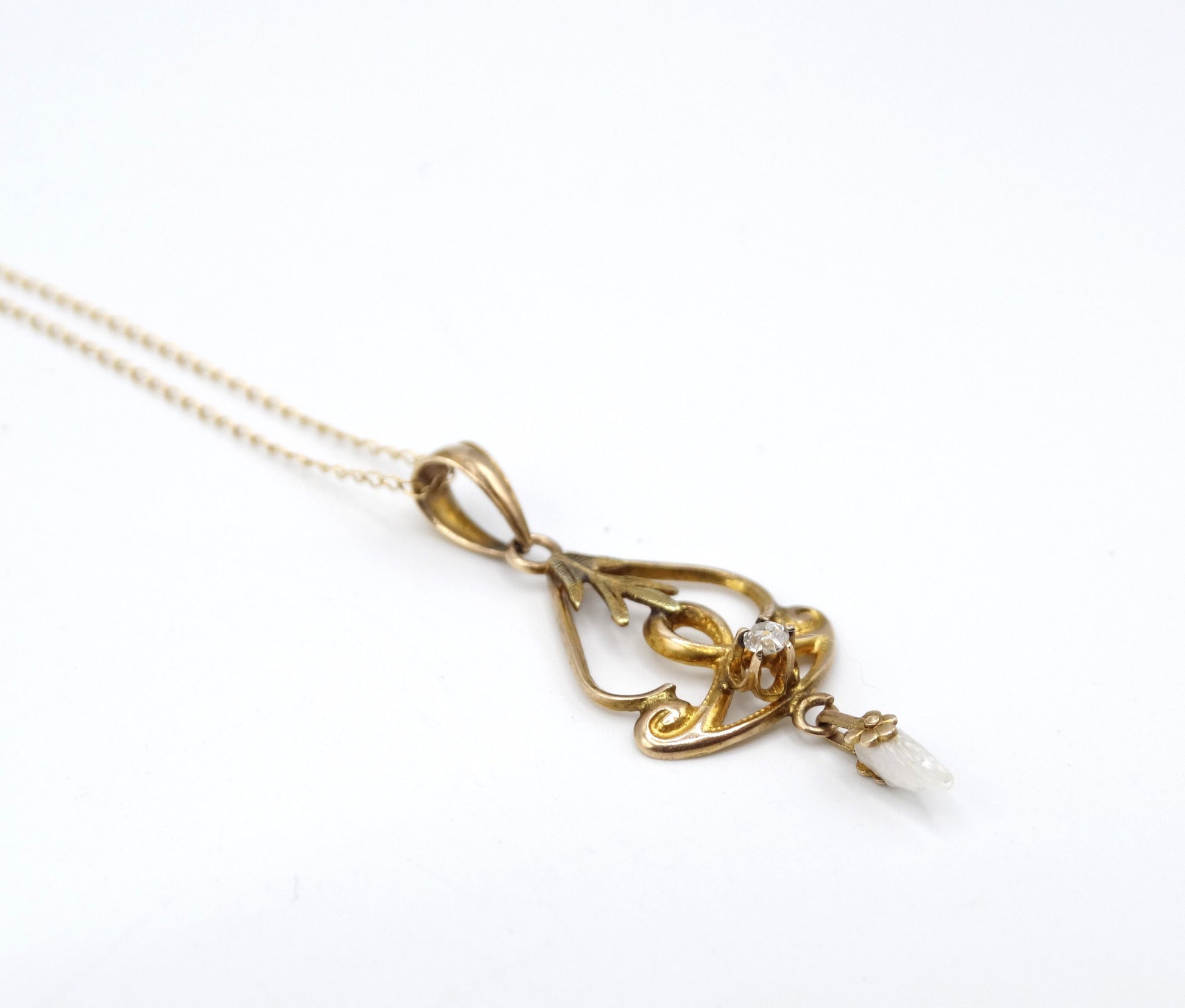 Edwardian Lavalier 10K Gold Diamond Pearl Necklace, Signed Otsby Barton, Vintage Wedding Jewelry