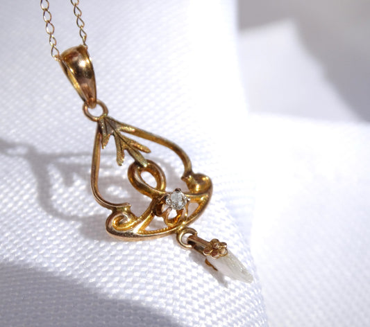 Edwardian Lavalier 10K Gold Diamond Pearl Necklace, Signed Otsby Barton, Vintage Wedding Jewelry