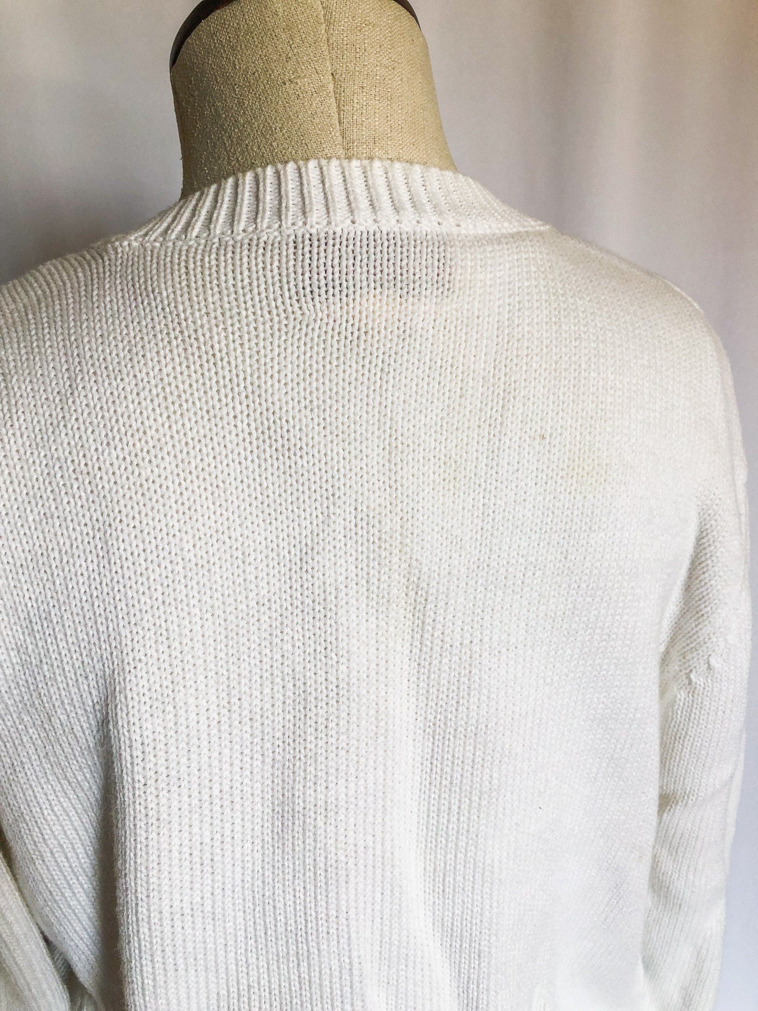 Vintage Susan Bristol White Cardigan, Floral Beaded Sweater, Petite