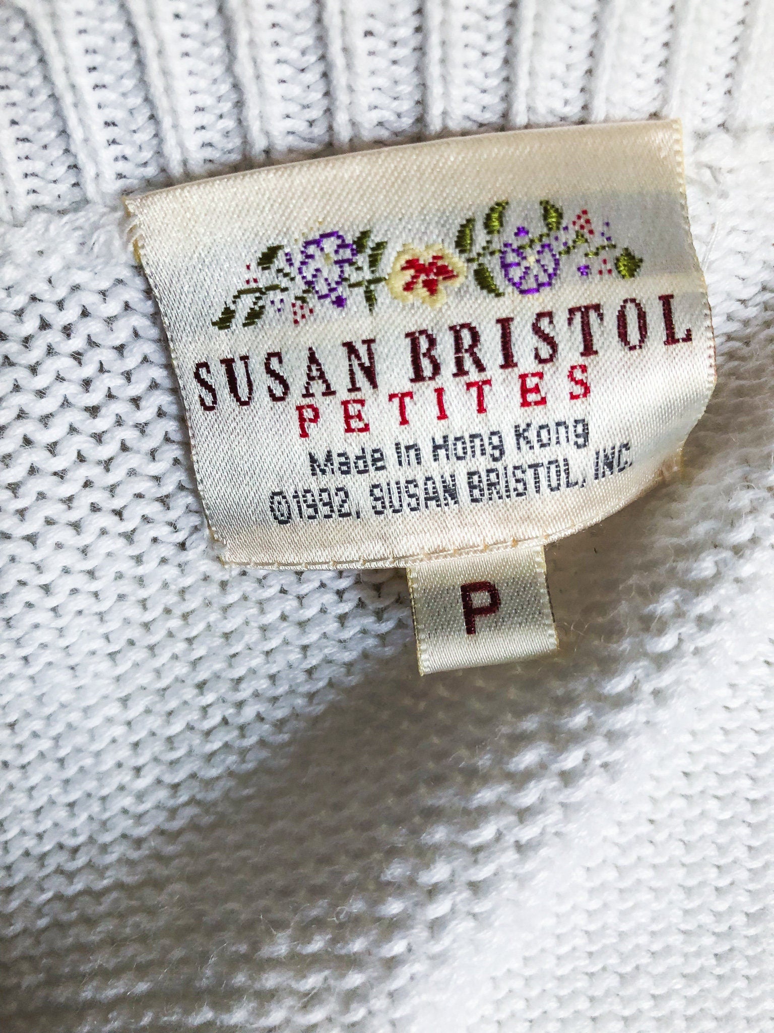 Vintage Susan Bristol White Cardigan, Floral Beaded Sweater, Petite