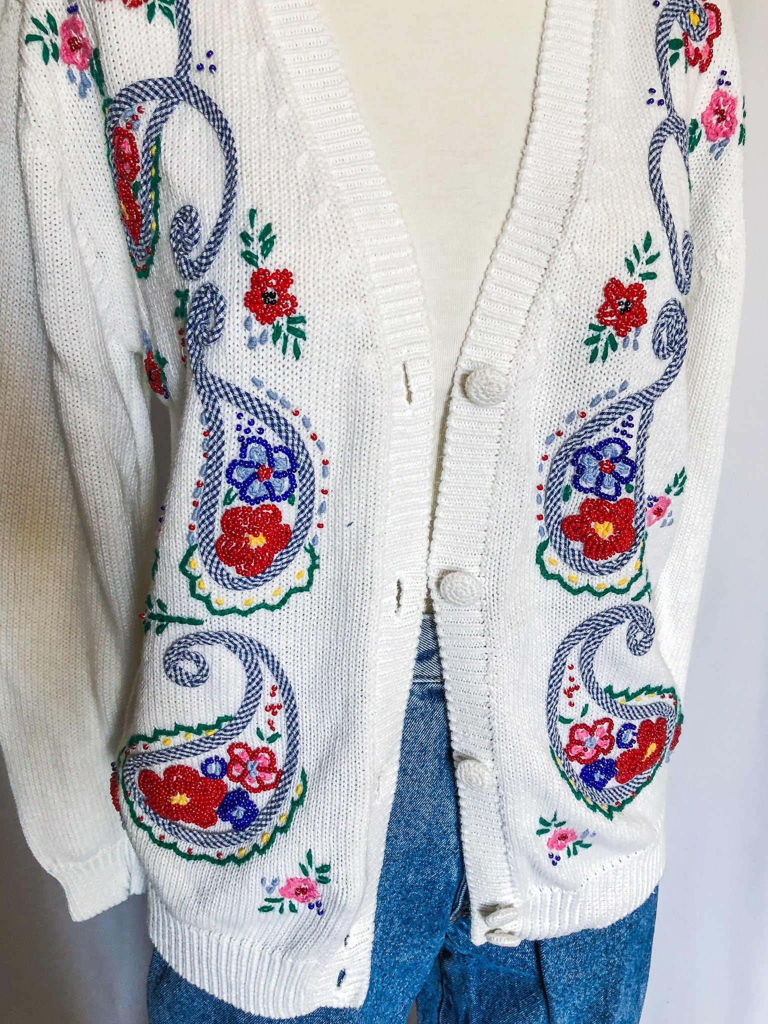 Vintage Susan Bristol White Cardigan, Floral Beaded Sweater, Petite