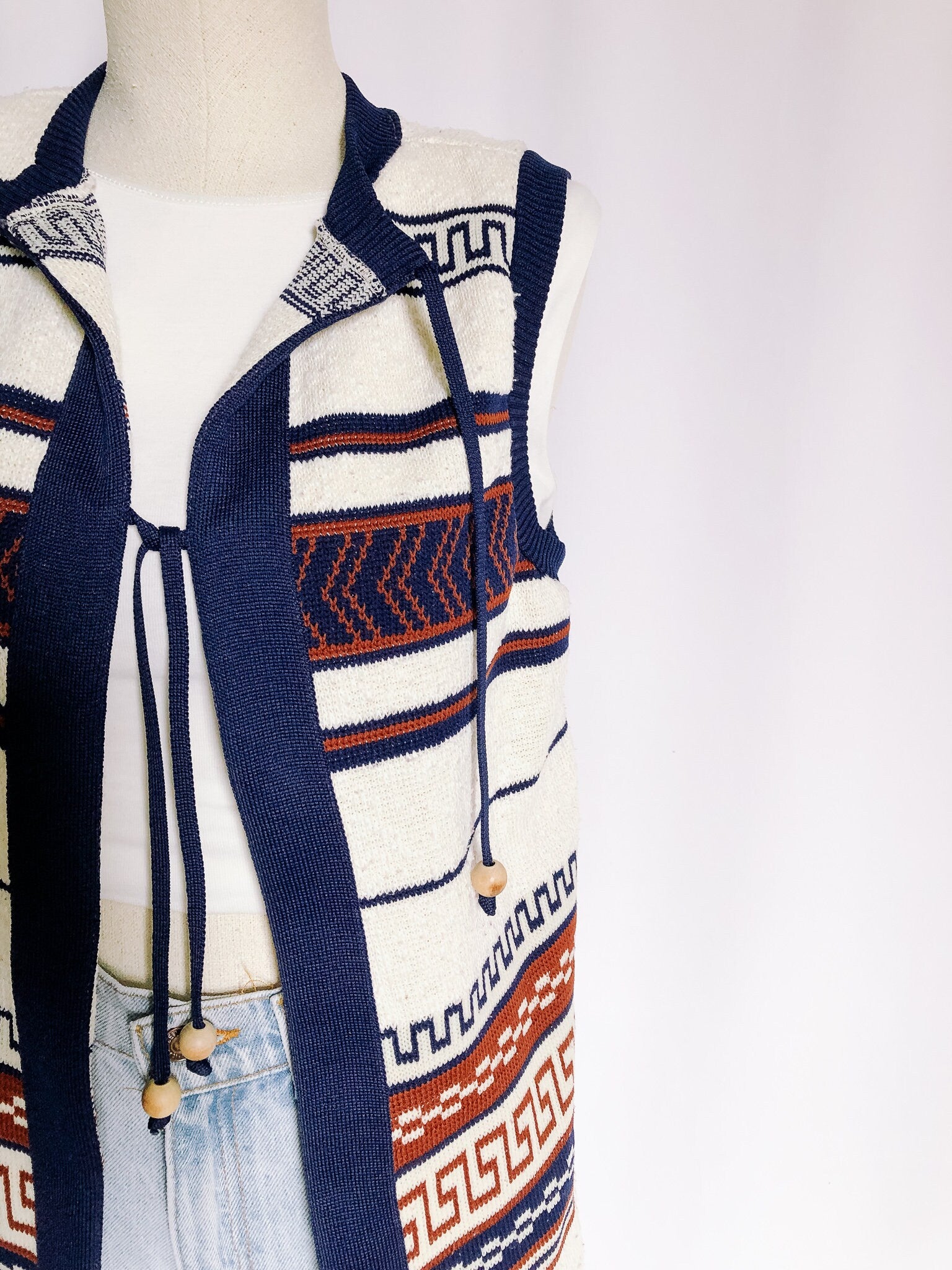 Vintage Bohemian Sweater Vest, Geometric Print Knit Vest, Sz. 10