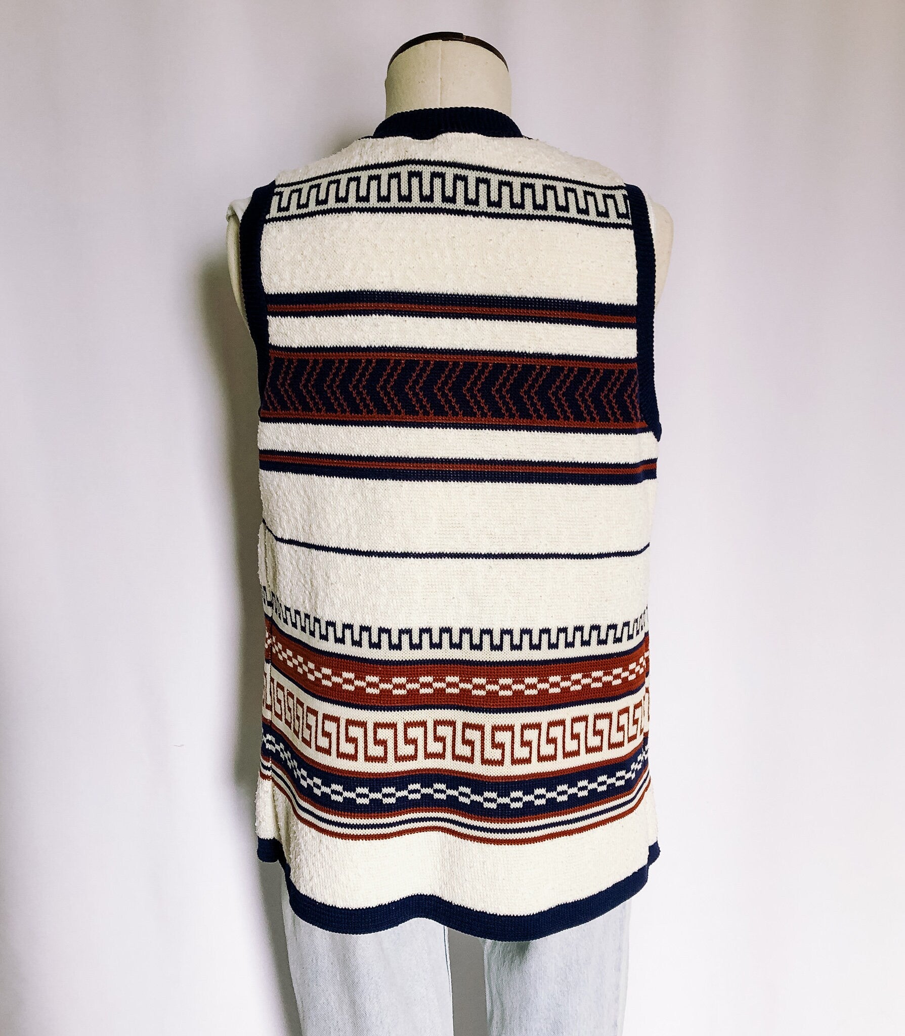 Vintage Bohemian Sweater Vest, Geometric Print Knit Vest, Sz. 10