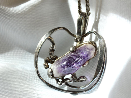 Vintage Danish Raw Amethyst Pendant Chain Necklace, Organic Free Form Brutalist Jewelry, 28 in