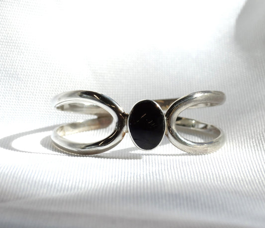 Vintage Taxco 950 Silver and Black Onyx Split Cuff Bracelet, Marked TL-105, Mexican Silversmith Made