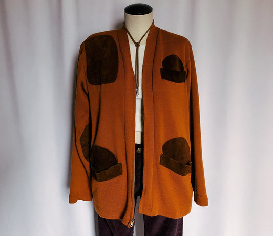 Vintage 50s Bob Allen Gun Club Sportswear, 1950s Men's Sweater, Suede Patchwork Zipper Cardigan, Sz. 40