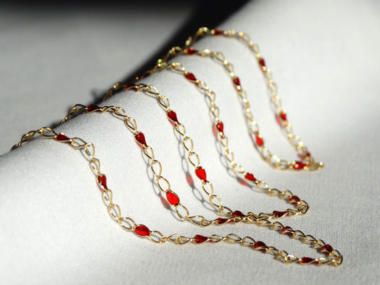 Vintage RVL 14K Gold Dainty Twist Cable Chain Necklace and Bracelet Set with Red Resin Detail, Estate Jewelry