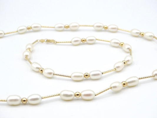Dainty Vintage 14K Gold Tube Beaded Baroque Pearl Necklace Bracelet Set, Estate Jewelry, Vintage Wedding