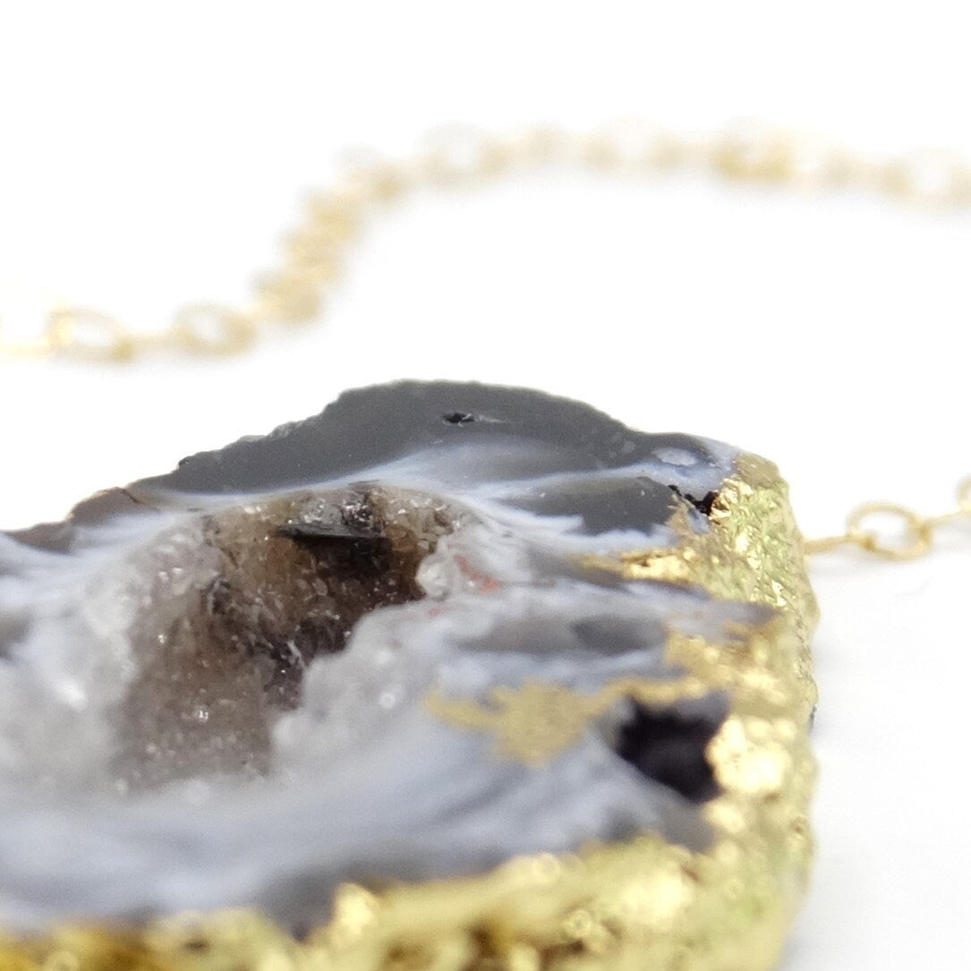 Vintage Dipped 14K Yellow Gold Fill Black and White Geode Slice Pendant, Natural Minimalist Layer Necklace