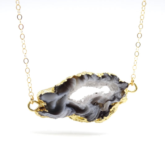 Vintage Dipped 14K Yellow Gold Fill Black and White Geode Slice Pendant, Natural Minimalist Layer Necklace
