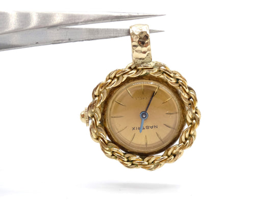 Vintage NASTRIX 10K RGP 17 Jewel Pocket Watch Pendant with Rope Chain Detail, Estate Jewelry