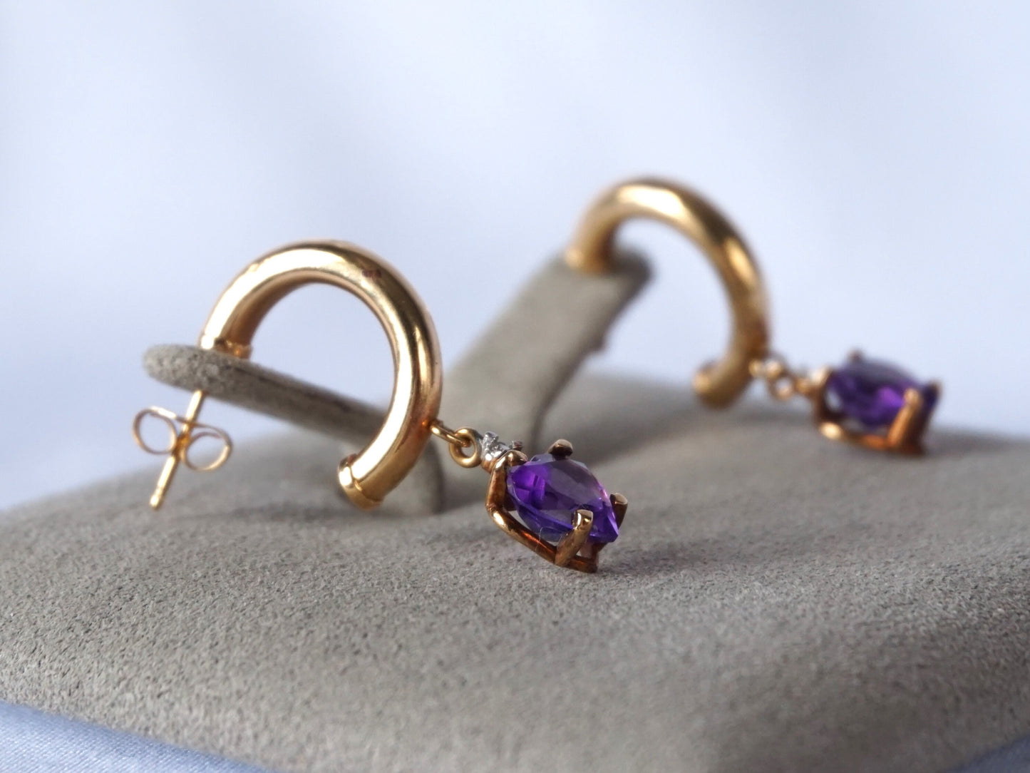 Vintage 10K Gold Amethyst Diamond Half Hoop Heart Dangle Stud Earrings, Estate Jewelry