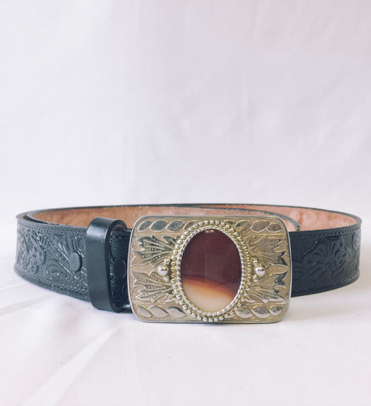 Vintage 80s Brushy Creek Black Cow Hide Leather Belt, Gold Belt Buckle with Stone Detail, sz. 50