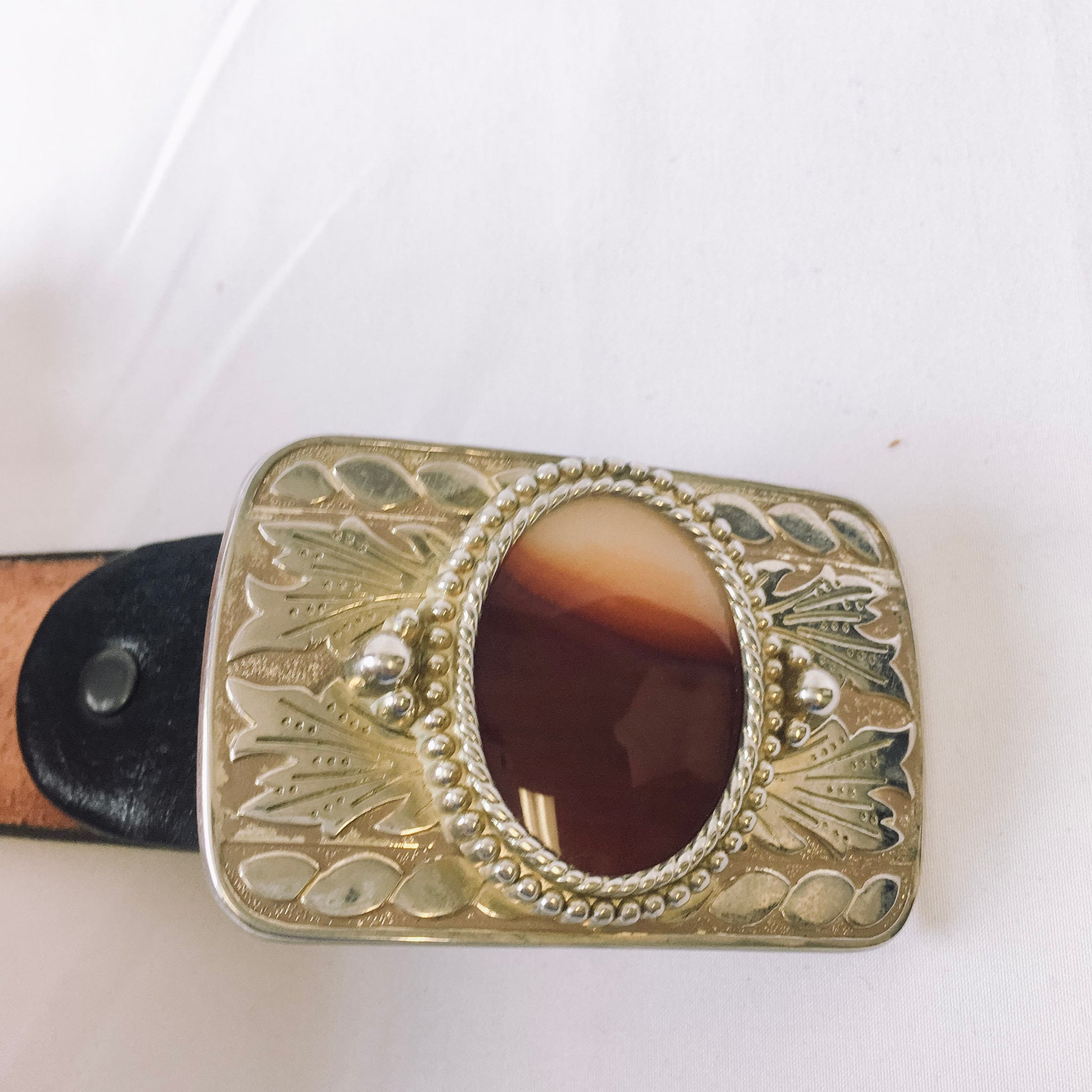 Vintage 80s Brushy Creek Black Cow Hide Leather Belt, Gold Belt Buckle with Stone Detail, sz. 50