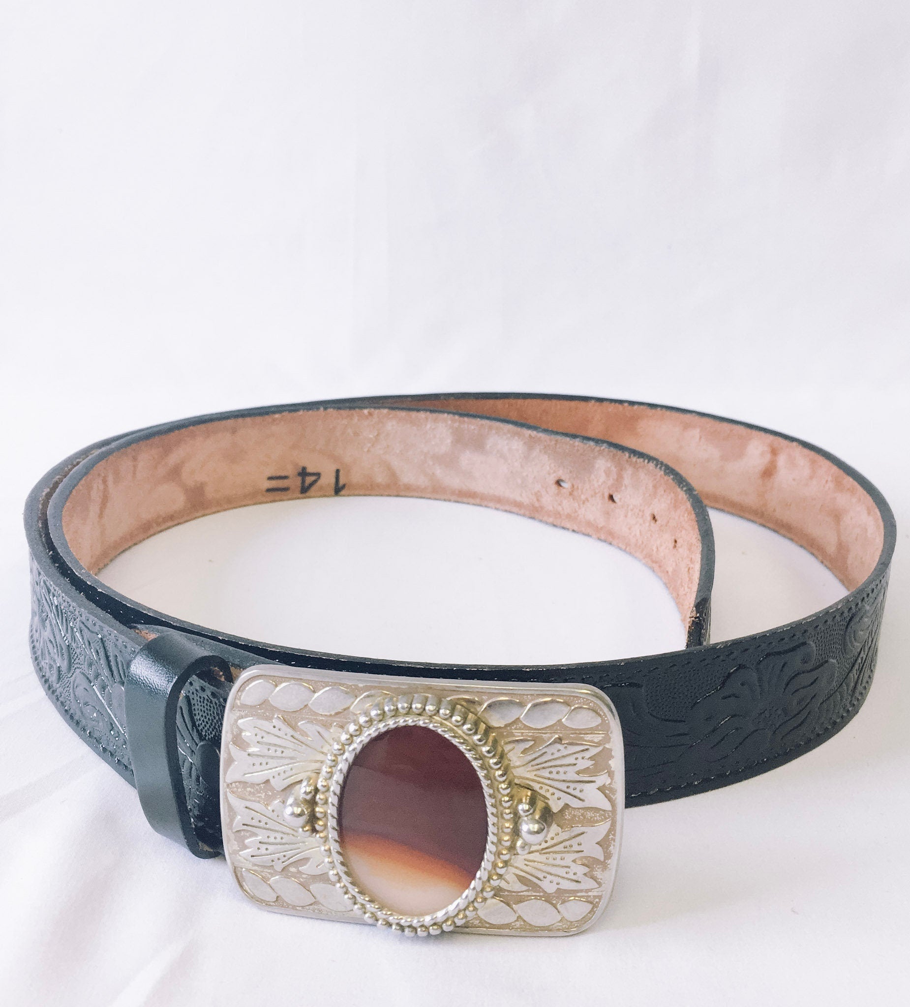 Vintage 80s Brushy Creek Black Cow Hide Leather Belt, Gold Belt Buckle with Stone Detail, sz. 50