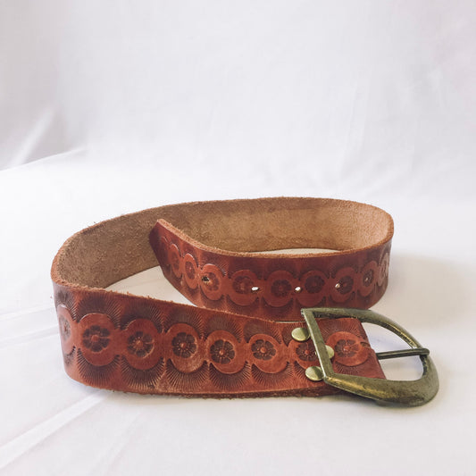 Vintage Tooled Leather Belt, Gold Horseshoe Buckle Belt with floral and engraved detail: "Foxy Lady"