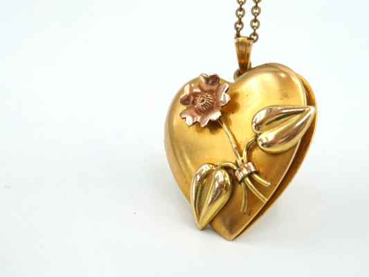 Estate LS Co Gold Filled Vintage Floral Photo Heart Locket Necklace, 18in