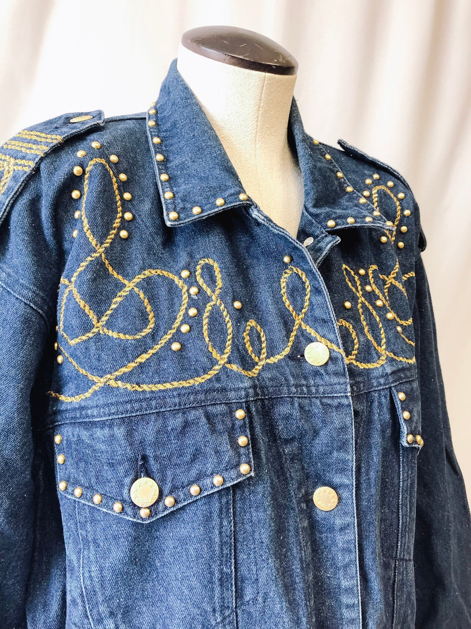 Vintage 90s Carole Little Sport Jean Jacket, Western Denim Jacket with Gold Embellishments, sz. 6