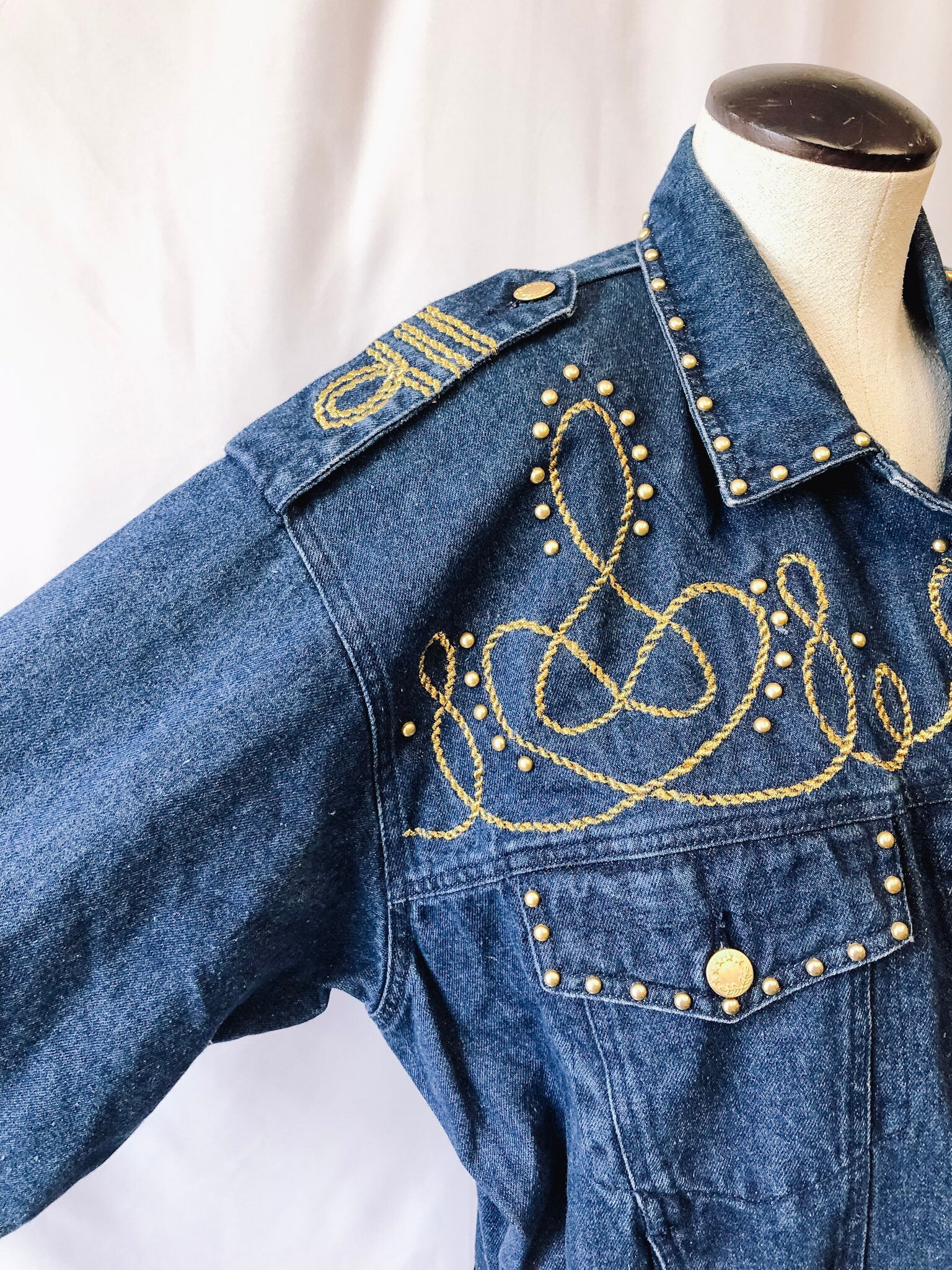 Vintage 90s Carole Little Sport Jean Jacket, Western Denim Jacket with Gold Embellishments, sz. 6