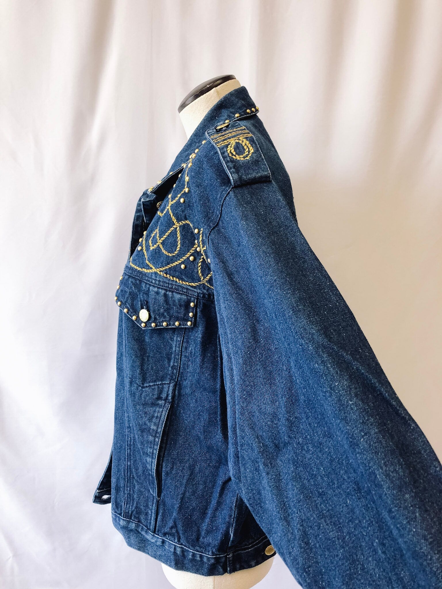 Vintage 90s Carole Little Sport Jean Jacket, Western Denim Jacket with Gold Embellishments, sz. 6