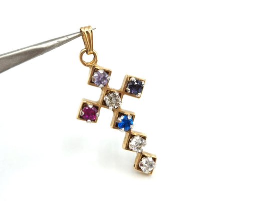 1.3in, Estate Vintage 14K Gold Multi-Stone Cross Pendant with Screw Setting, Sapphire, Amethyst