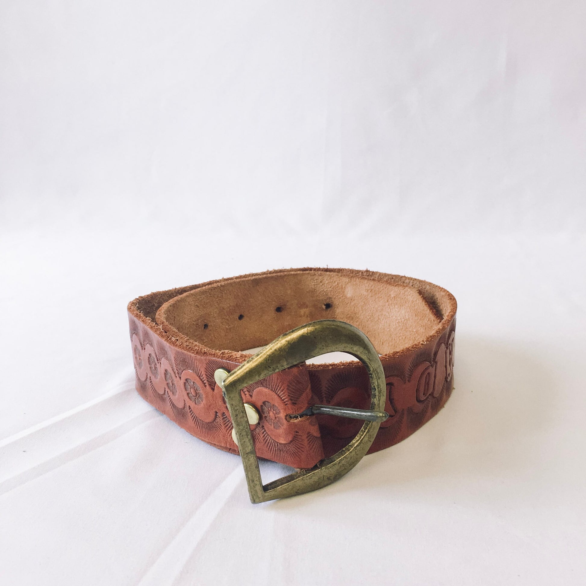 Vintage Tooled Leather Belt, Gold Horseshoe Buckle Belt with floral and engraved detail: "Foxy Lady"