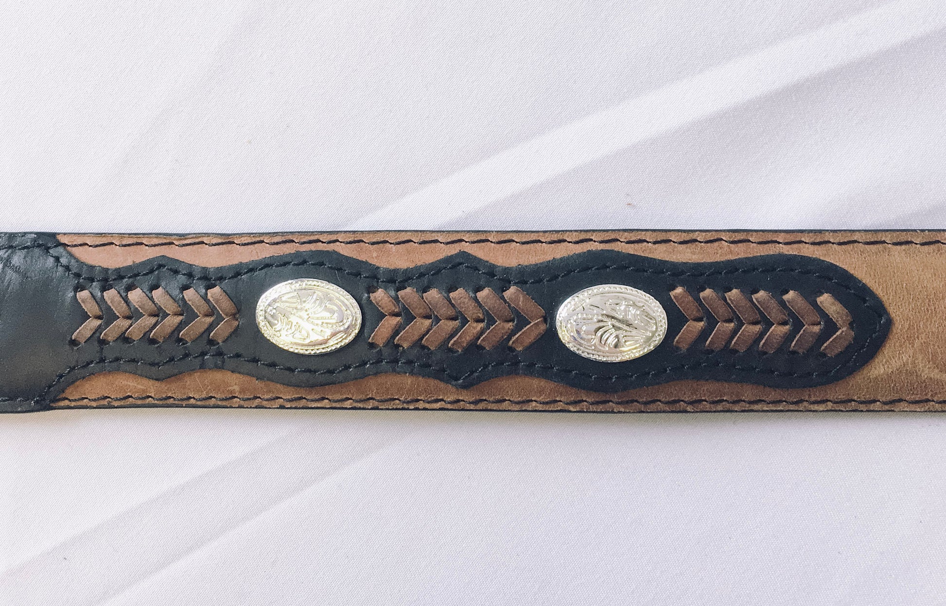 Vintage Nocona Western Leather Belt, Silver Concho Detail Belt, Large Silver Belt Buckle with horse and horseshoe detail, sz. 28