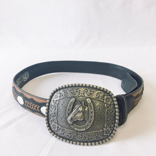 Vintage Nocona Western Leather Belt, Silver Concho Detail Belt, Large Silver Belt Buckle with horse and horseshoe detail, sz. 28