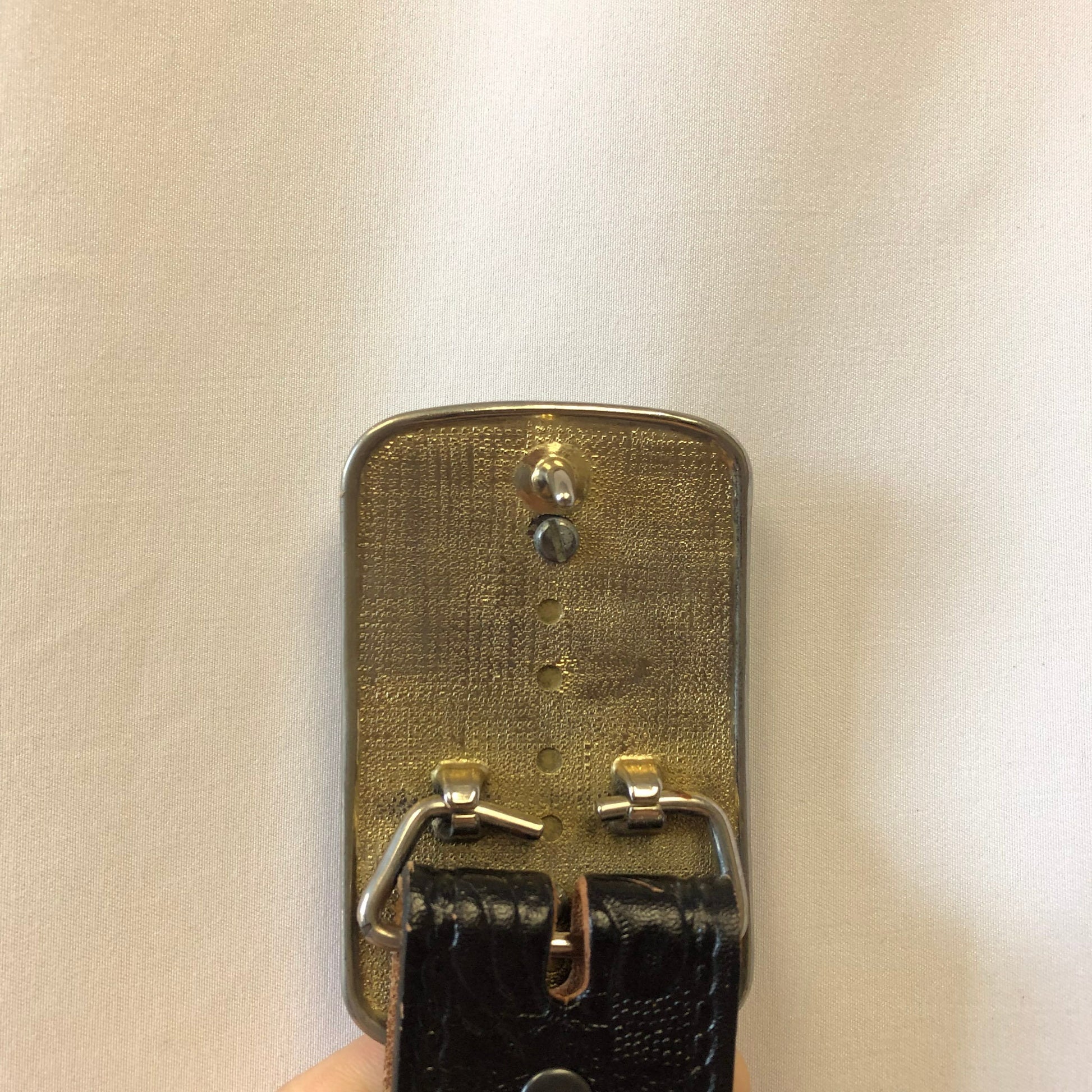 Vintage 80s Brushy Creek Black Cow Hide Leather Belt, Gold Belt Buckle with Stone Detail, sz. 50