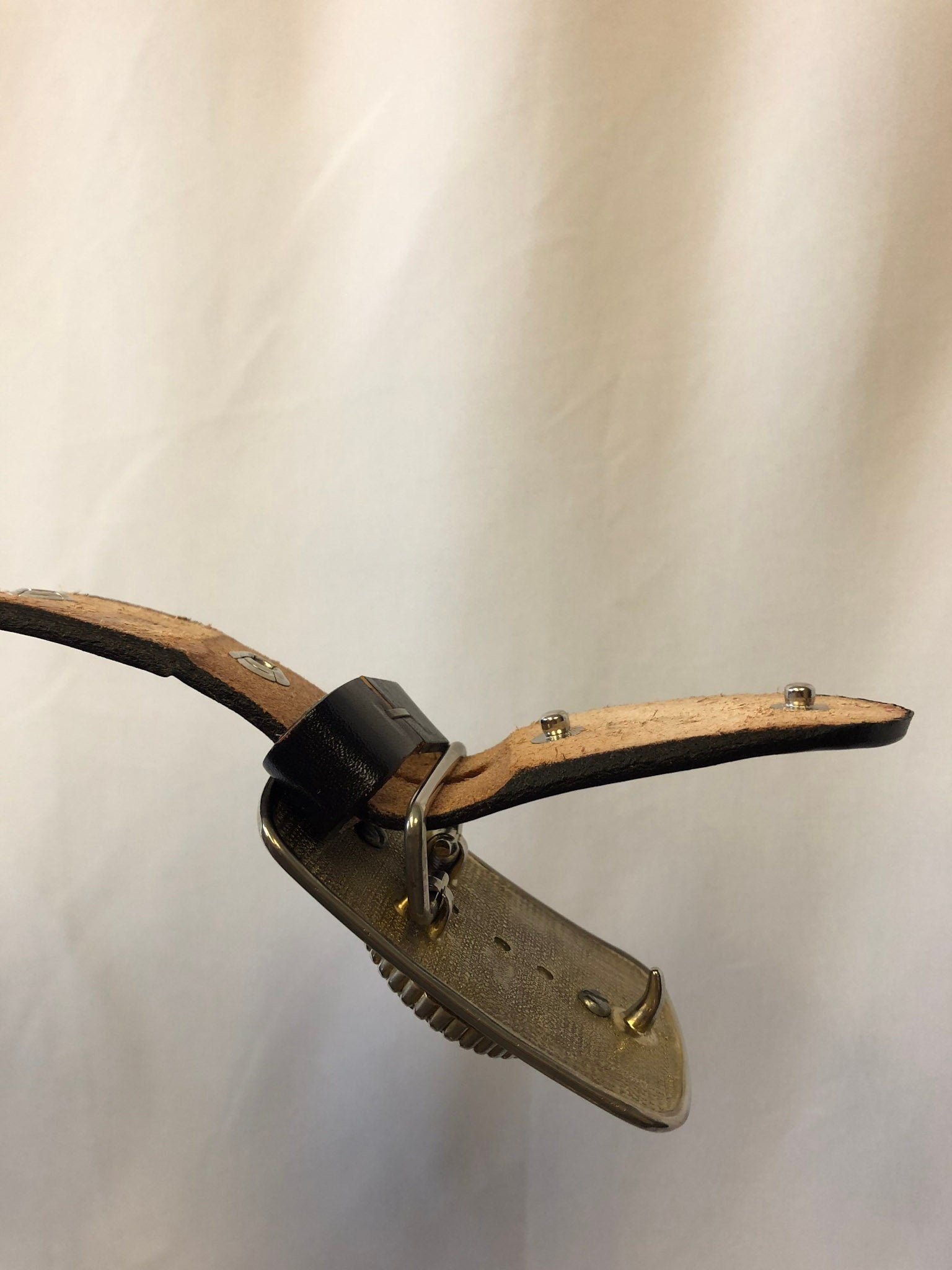 Vintage 80s Brushy Creek Black Cow Hide Leather Belt, Gold Belt Buckle with Stone Detail, sz. 50