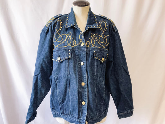 Vintage 90s Carole Little Sport Jean Jacket, Western Denim Jacket with Gold Embellishments, sz. 6