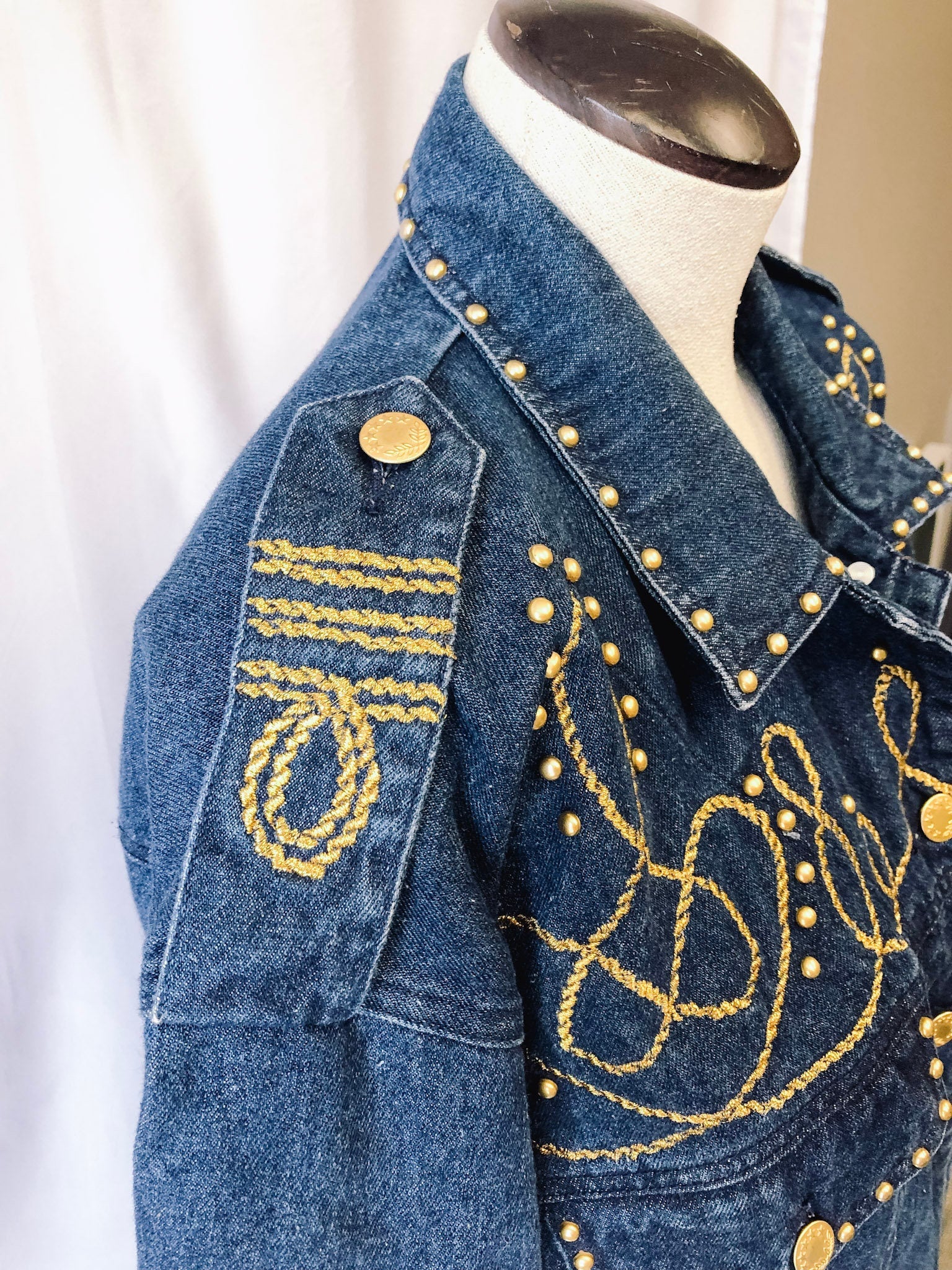 Vintage 90s Carole Little Sport Jean Jacket, Western Denim Jacket with Gold Embellishments, sz. 6