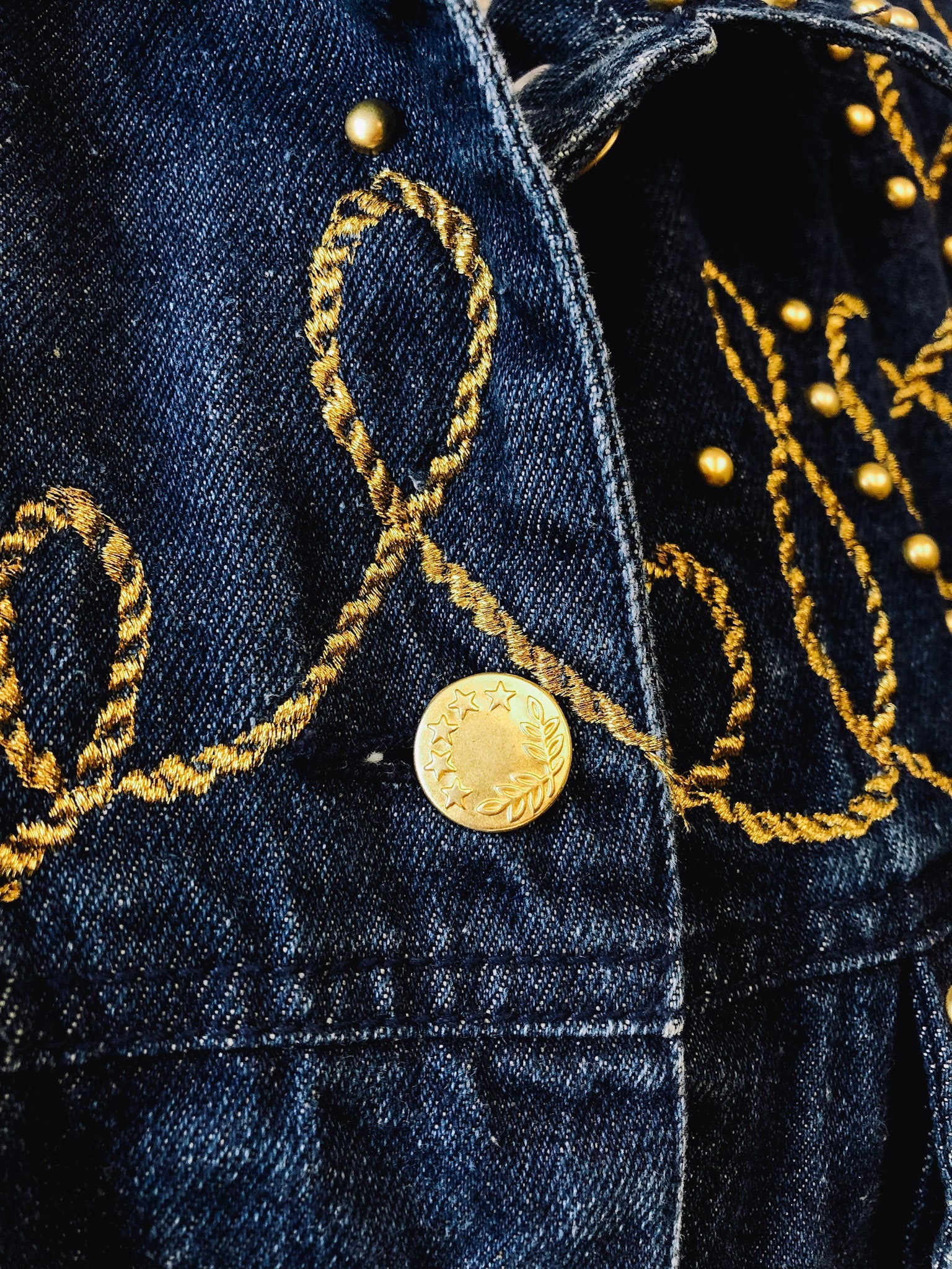 Vintage 90s Carole Little Sport Jean Jacket, Western Denim Jacket with Gold Embellishments, sz. 6