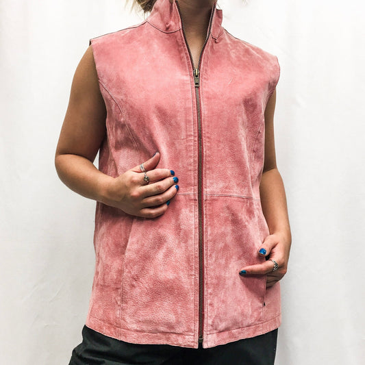 Vintage Ruff Hewn Pink Dusty Rose 100% Genuine Leather Zip Up Vest, Pink Suede Vest, sz. M