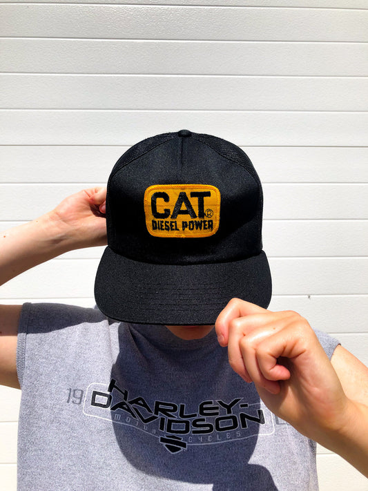 Vintage CAT Diesel Power Black Mesh Trucker Hat, Flat Brim Snapback Cap