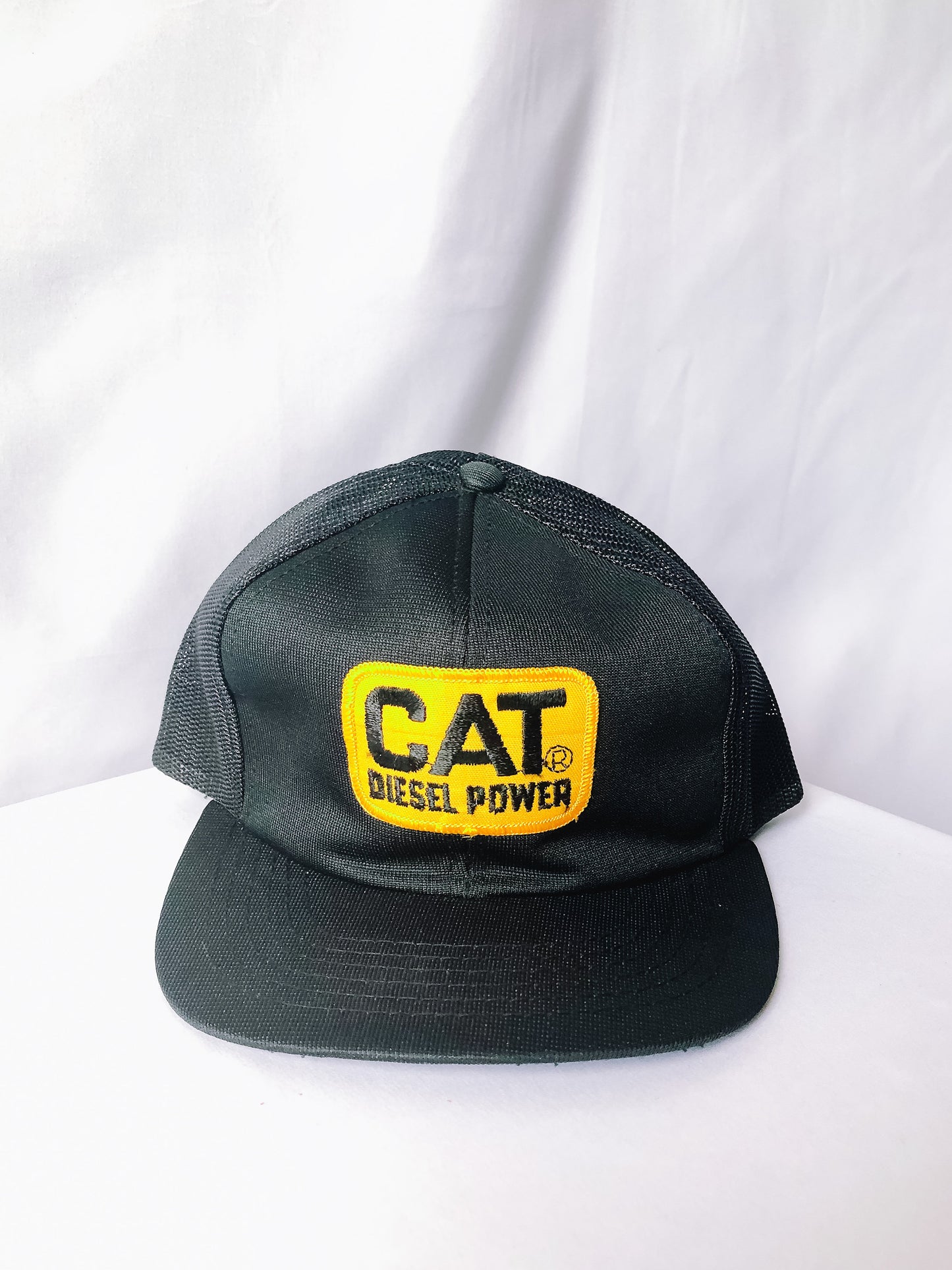 Vintage CAT Diesel Power Black Mesh Trucker Hat, Flat Brim Snapback Cap