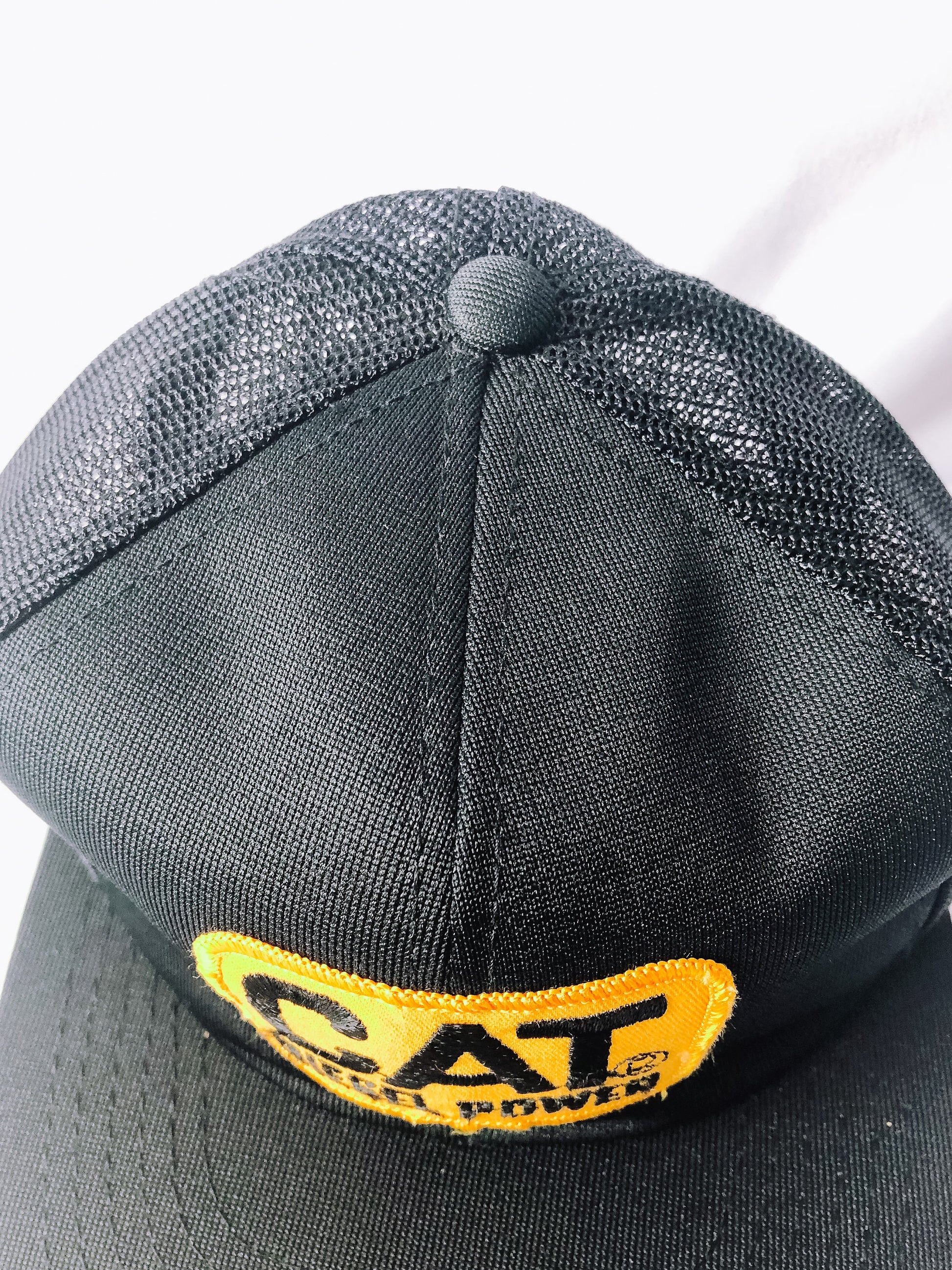 Vintage CAT Diesel Power Black Mesh Trucker Hat, Flat Brim Snapback Cap