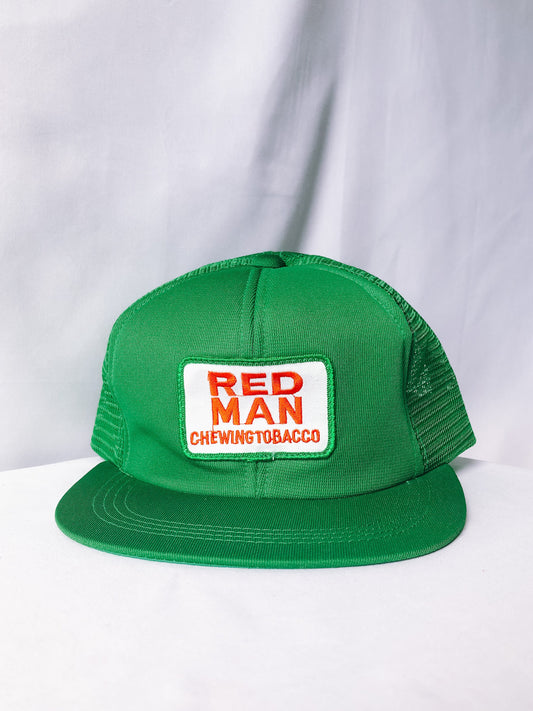 Vintage Red Man Chewing Tobacco Mesh Trucker Hat, Flat Brim Baseball Cap